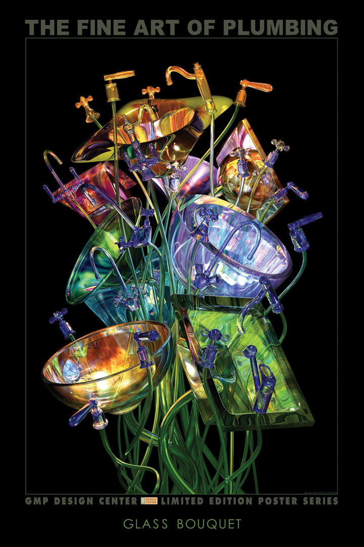 a poster in the fine art of plumbing series. a bunch of glass sinks and plumbing that looks like a bouquet of flowers